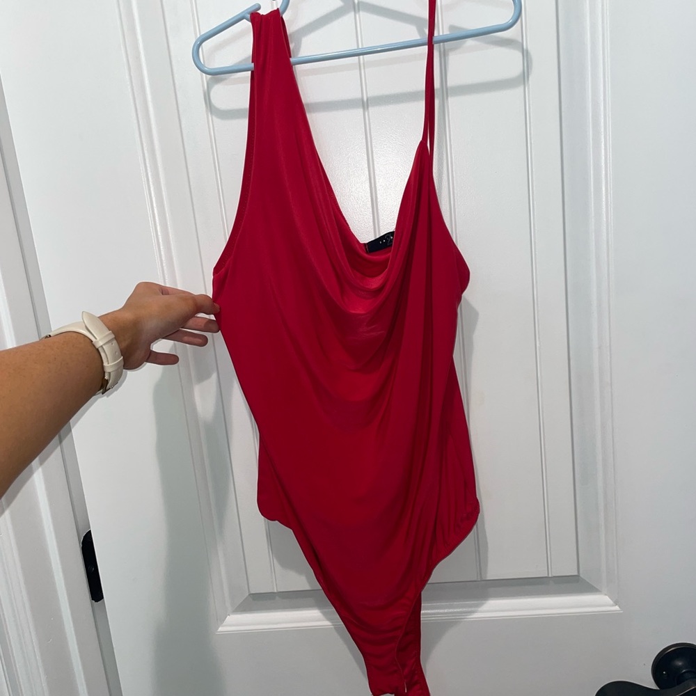 COWL NECK BODY SUIT; RED WORN ONCE